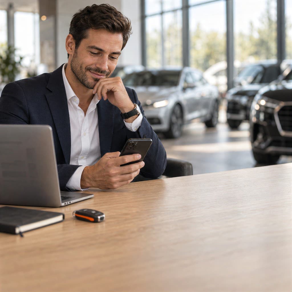 Obchodník v autosalonu čte na telefonu upozornění na nový inzerát